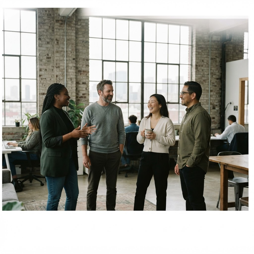 Four colleagues talking informally in a bright loft office