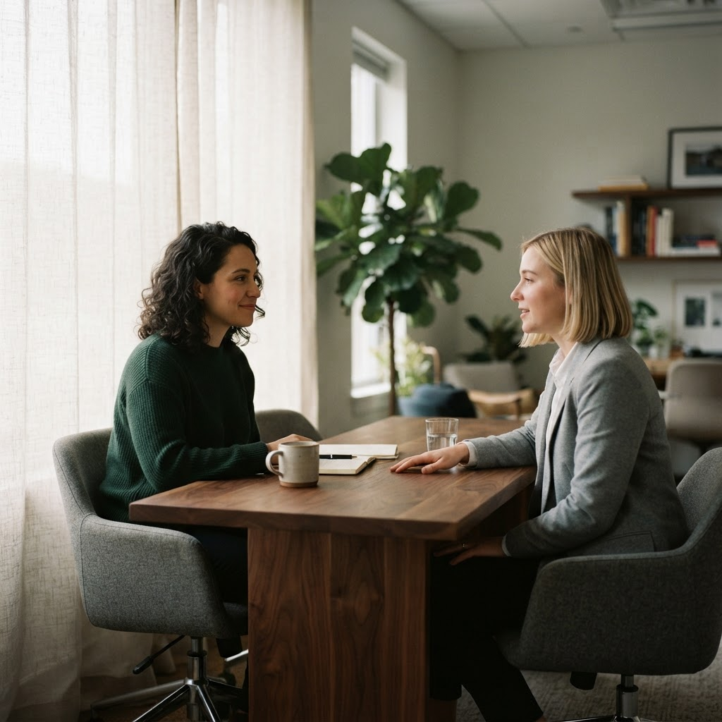 Two professionals in conversation across a table in a daylit office
