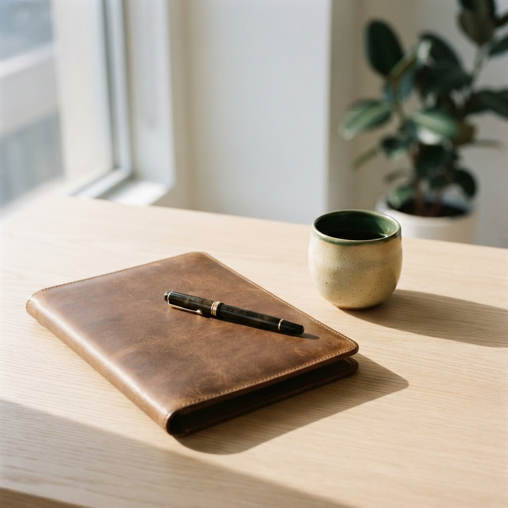 A leather folio, fountain pen, and cup on an oak desk in morning light